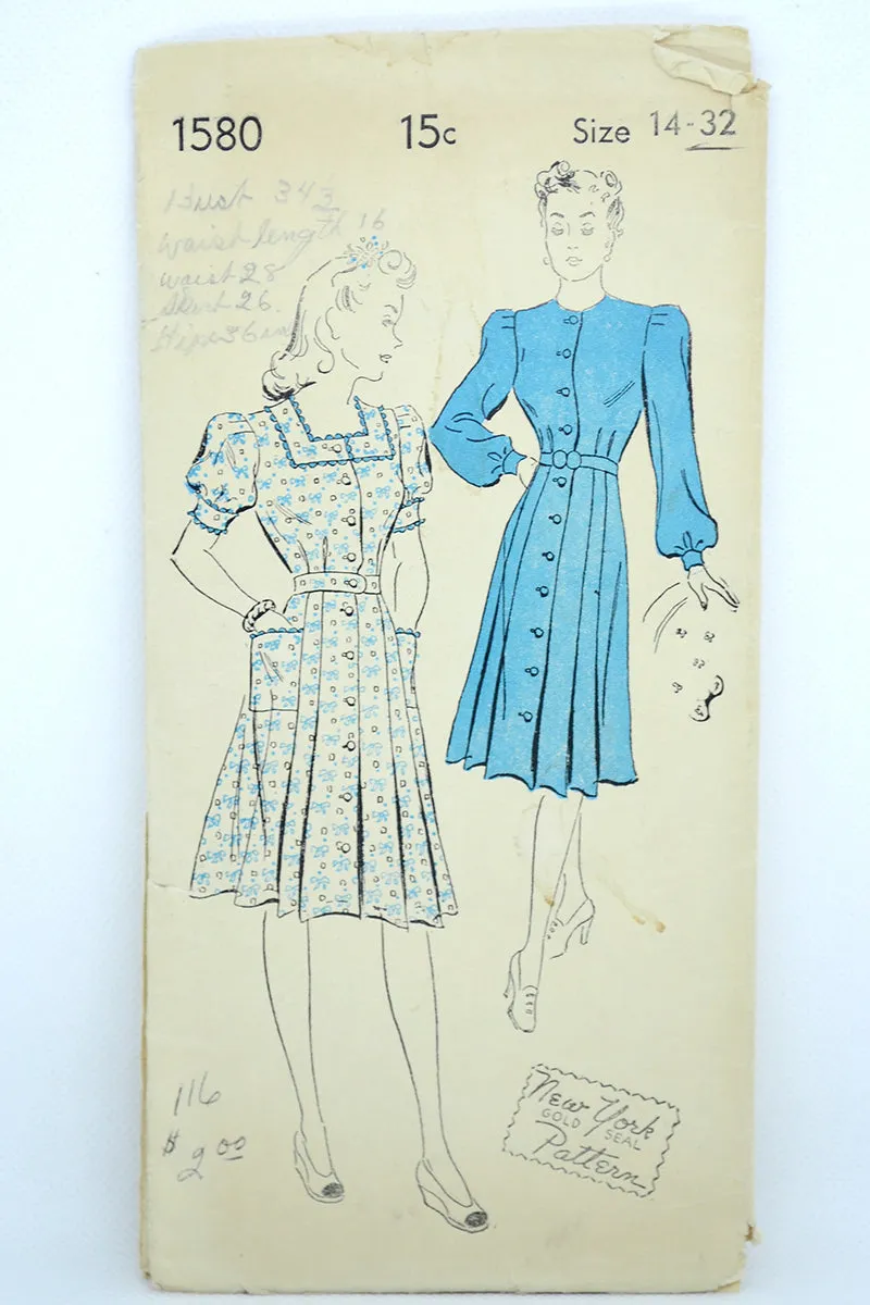 1940s New York Gold Seal Pattern 1580 Vintage Dresses Sewing Pattern