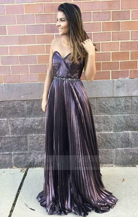 A-Line Sweetheart Pleated Purple Stretch Satin Prom Dress with Beading