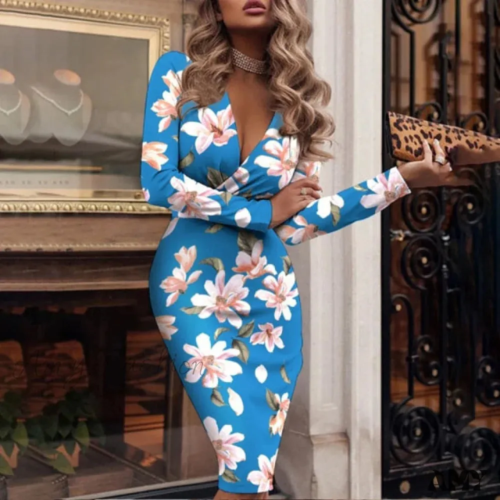 Amy Fashion - Fashion Print Sexy V-neck Slim Pencil Dresses