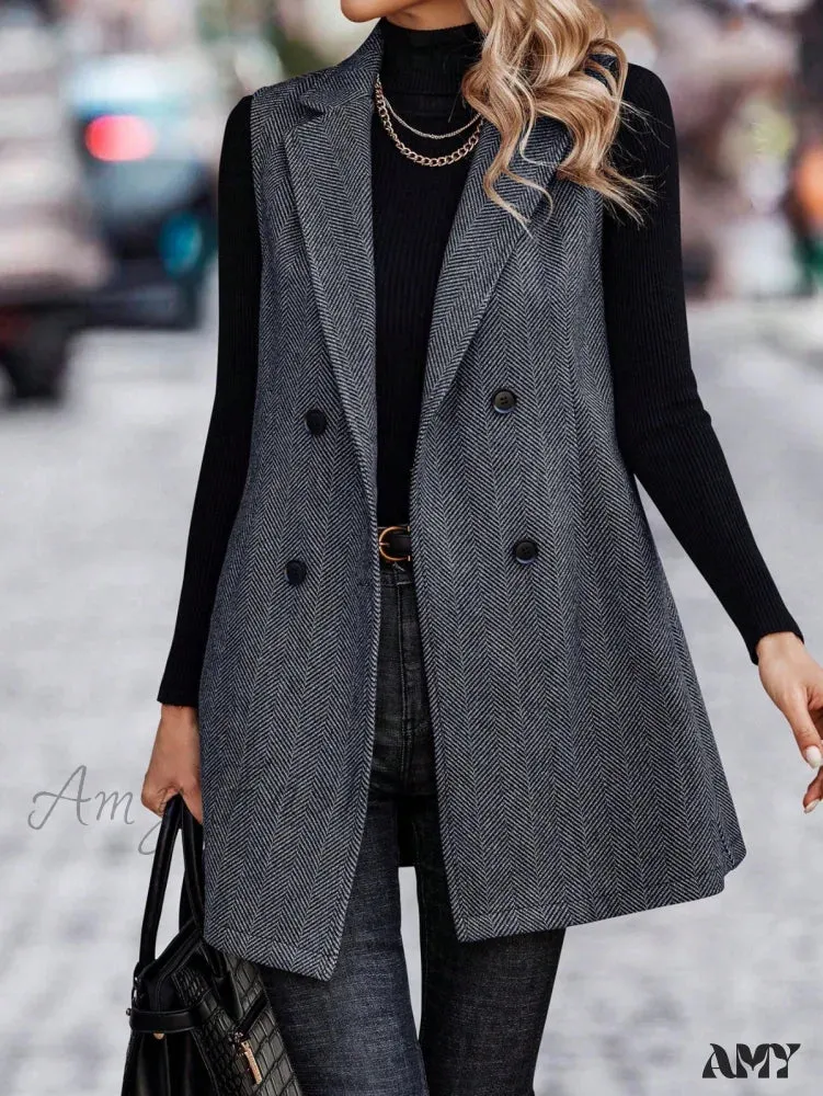 Amy Fashion - Lapel Neck Double Breasted Vest Coat