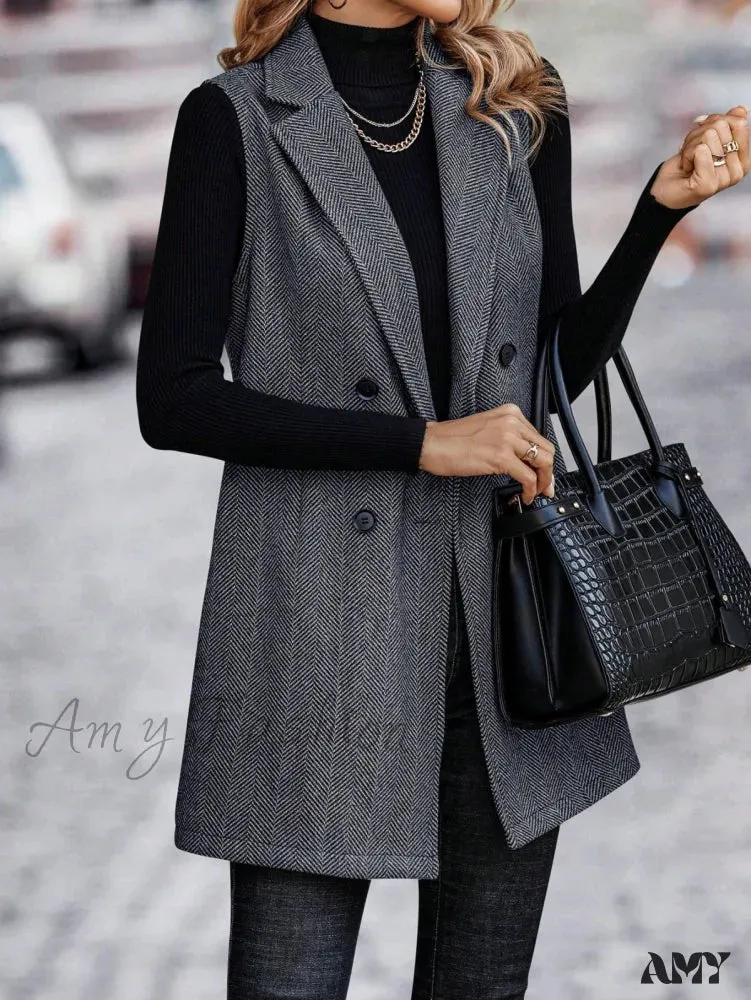 Amy Fashion - Lapel Neck Double Breasted Vest Coat