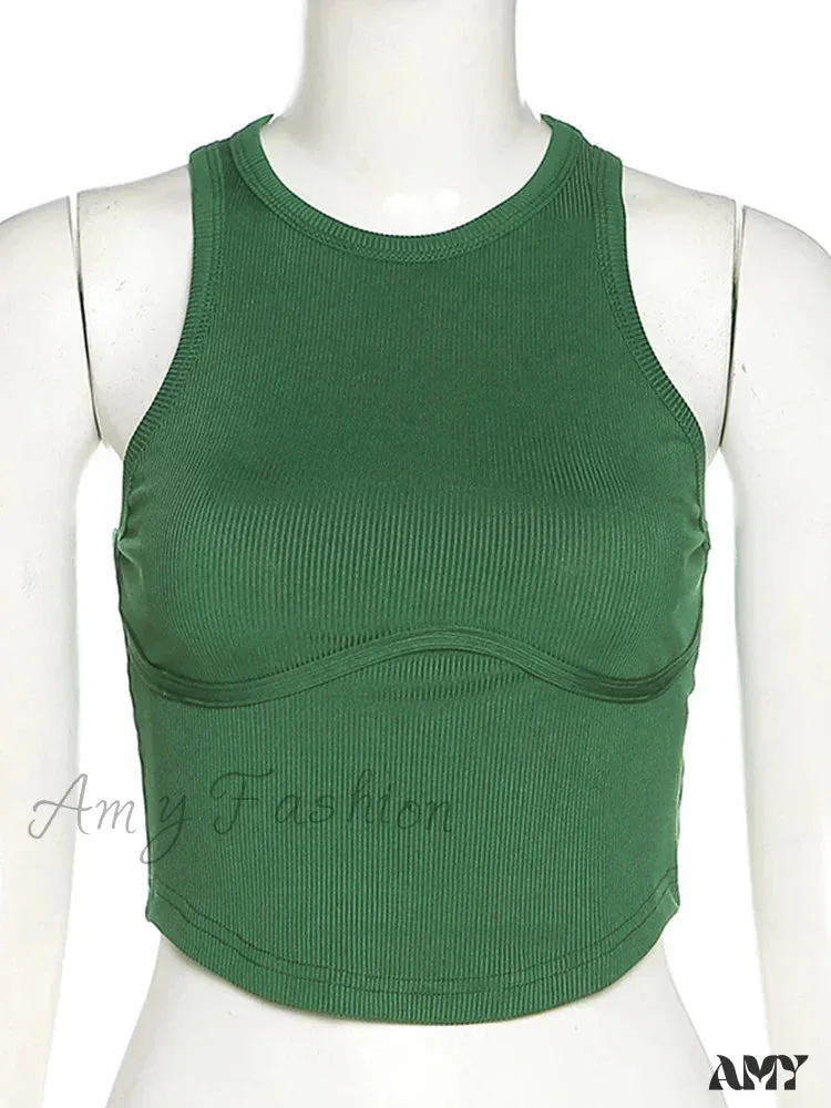 AMY - Ribbed Solid Skinny Sleeveless Body-Shaping Streetwear Crop Top