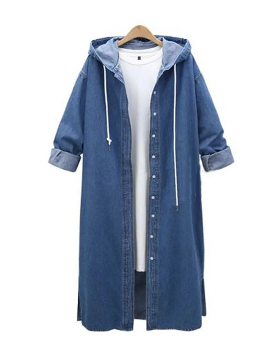 Autumn And Winter New Hooded Long Sleeved Denim Coat Single Breasted Long Windbreaker