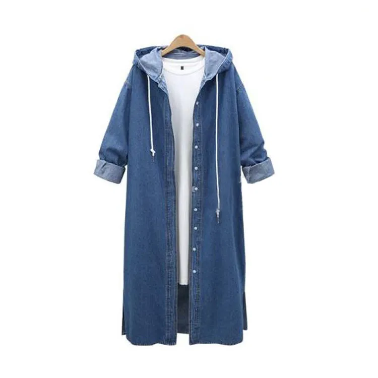 Autumn And Winter New Hooded Long Sleeved Denim Coat Single Breasted Long Windbreaker