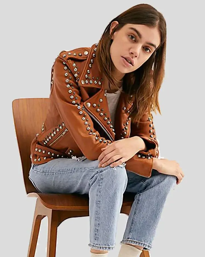 Avail Tan Studded Leather Jacket