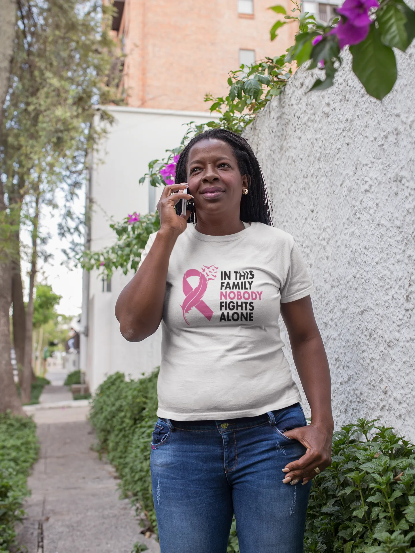 Awareness - In This Family Nobody Fights Alone (Breast Cancer Awareness) - T-Shirt