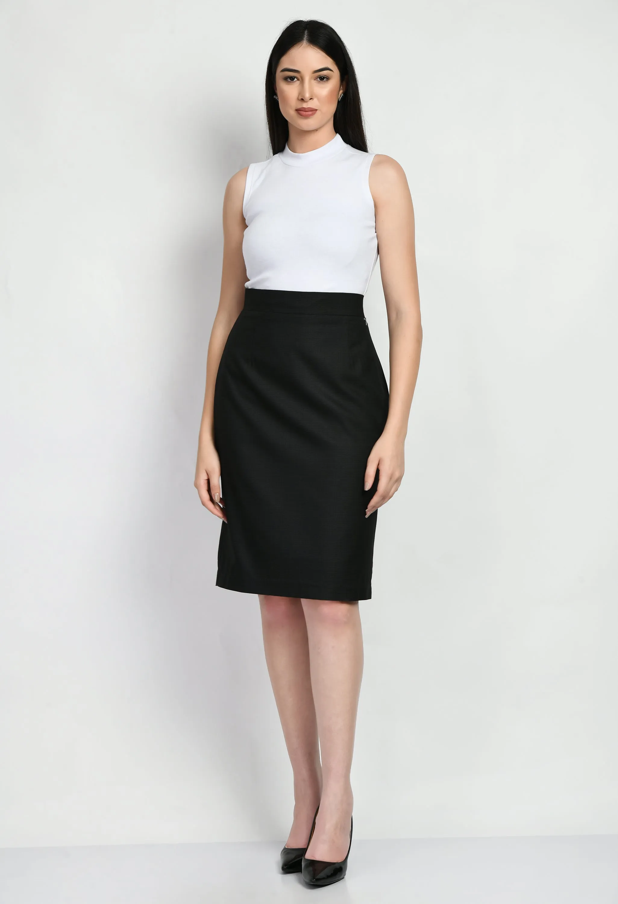 Black Cotton Blend Empathy Checked Pencil Skirt