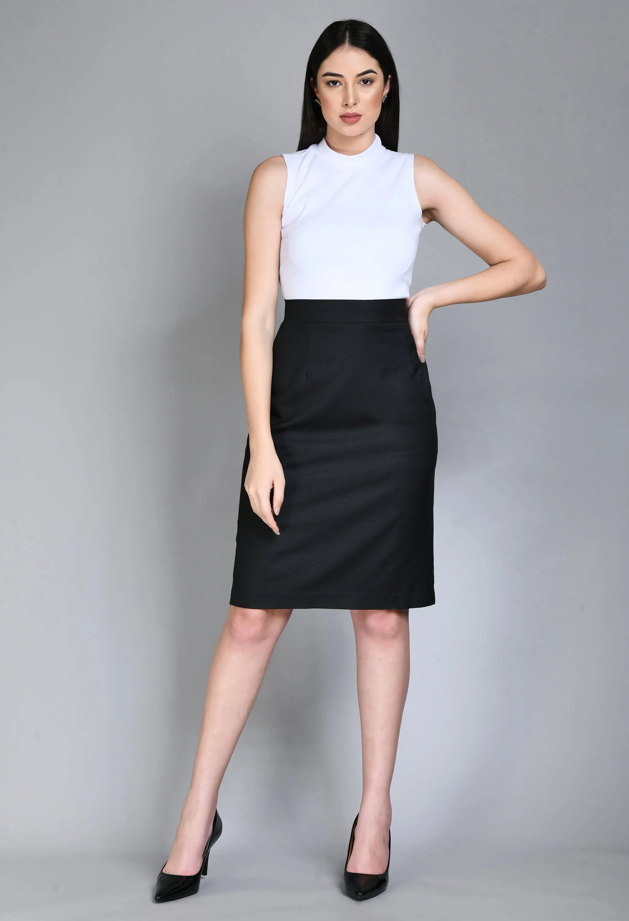 Black Cotton Blend Empathy Checked Pencil Skirt