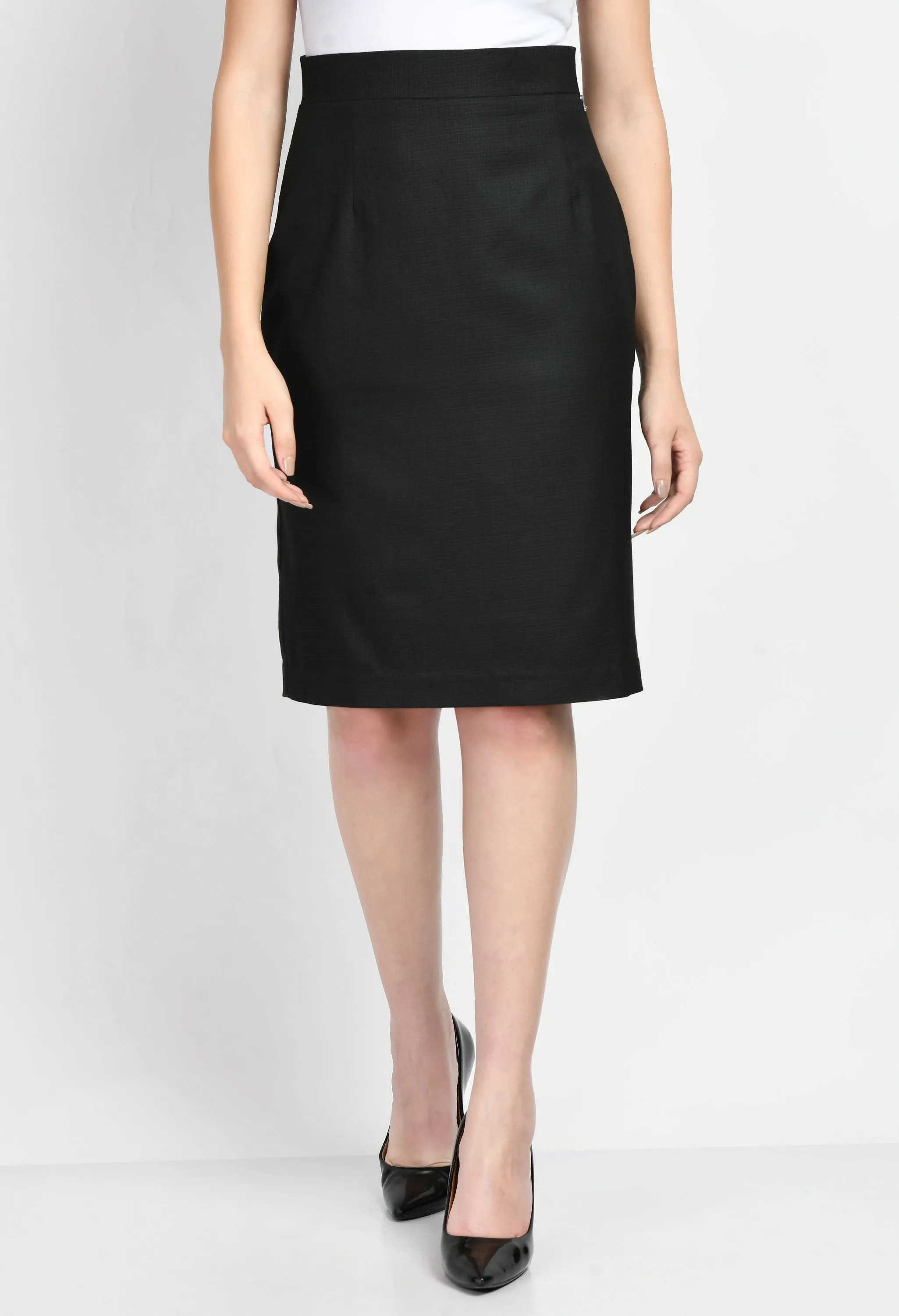 Black Cotton Blend Empathy Checked Pencil Skirt