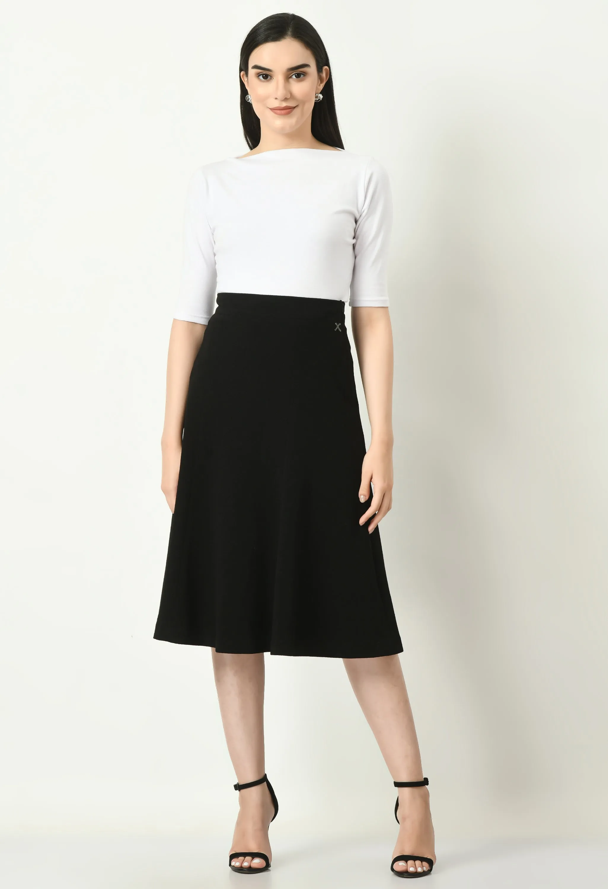 Black Cotton Blend Victory A-Line Midi Skirt