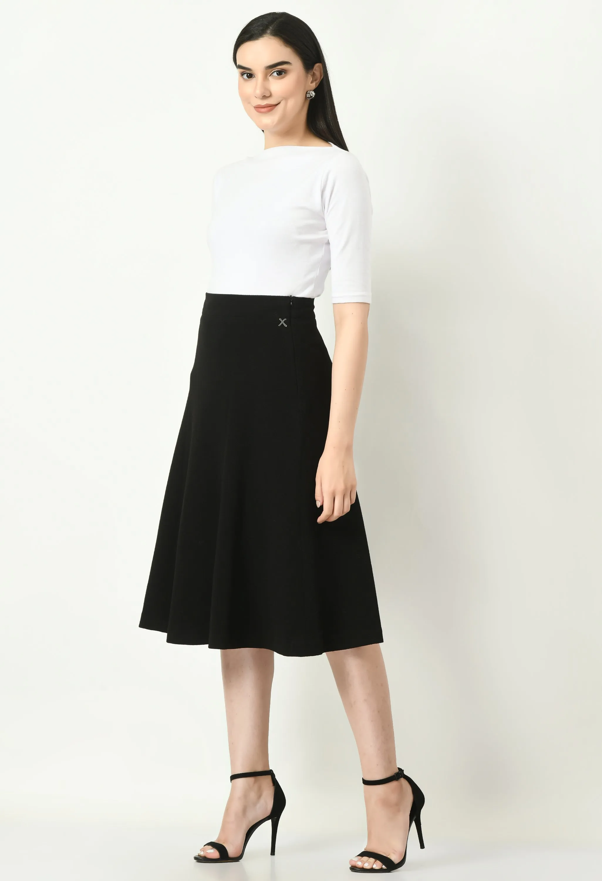 Black Cotton Blend Victory A-Line Midi Skirt