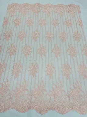 Blush Pink Lace Fabric _ Embroidered Floral Flowers Lace on Mesh Fabric