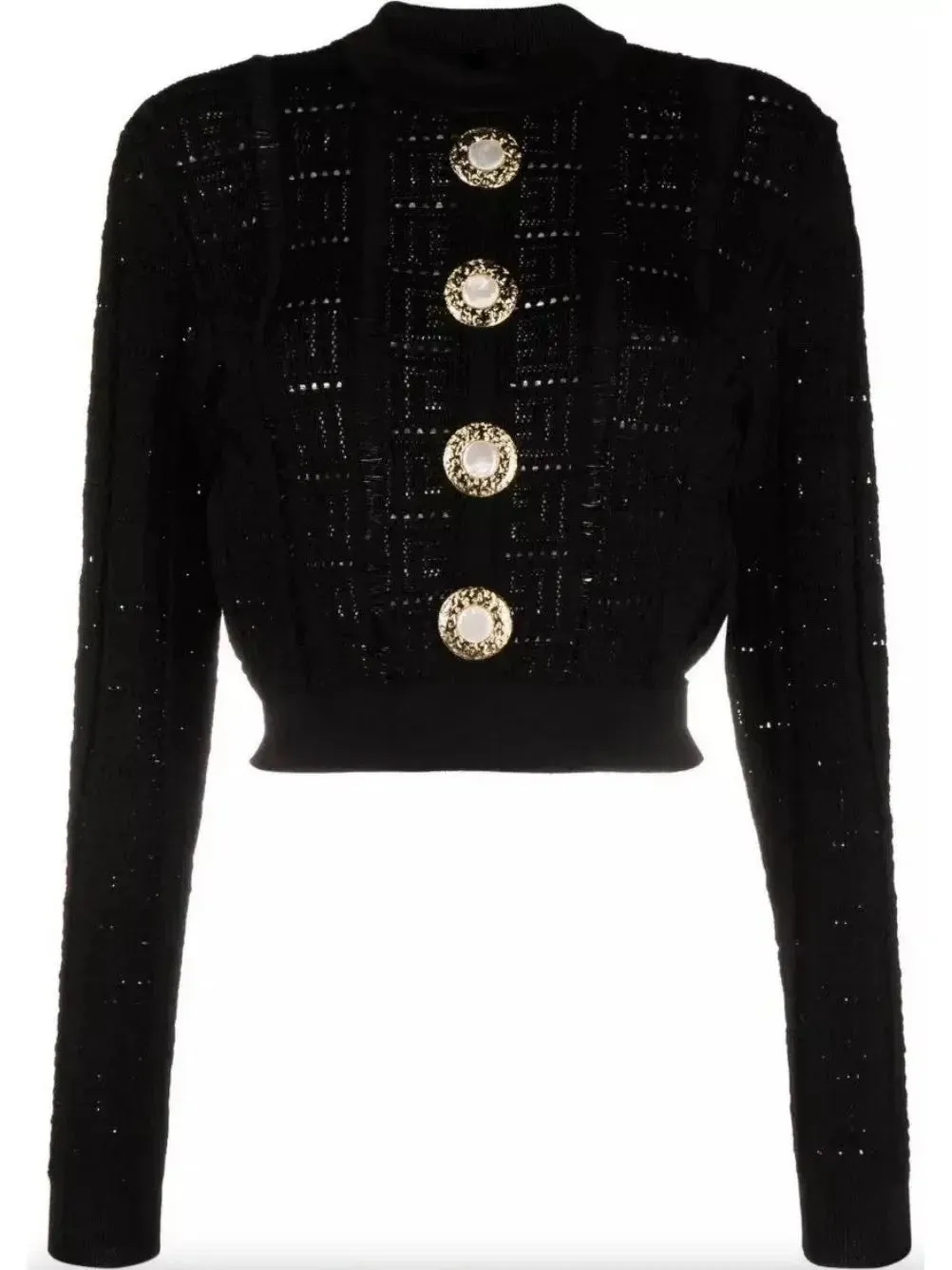 Button-Embellished Black Cropped Sweater