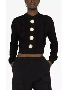 Button-Embellished Black Cropped Sweater