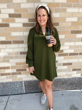 Collared Long Sleeve Ribbed Dress - Olive