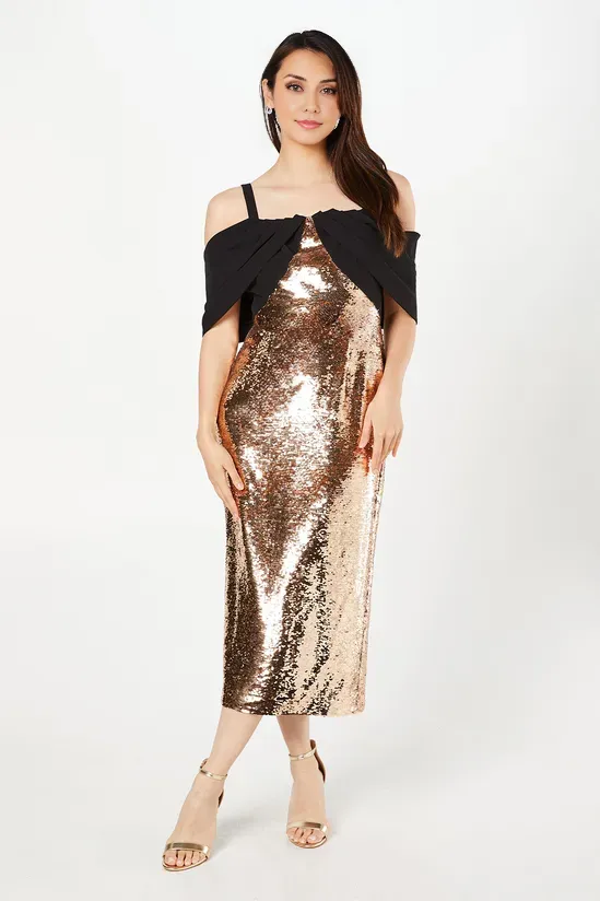 Draped Velvet Bardot Sequin Pencil Dress Wedding Guest Dresses