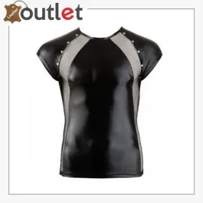 Fitted Black Club Wear Full Tight Mens Leather T-Shirt