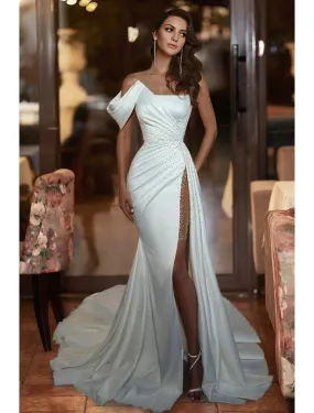 Formal Wedding Dresses Mermaid / Trumpet Off Shoulder Sleeveless Court Train Satin Bridal Gowns With Beading 2023 Summer Wedding Party