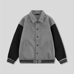 Gray Byron Collar Varsity Jacket Black Leather Sleeves - Jack N Hoods