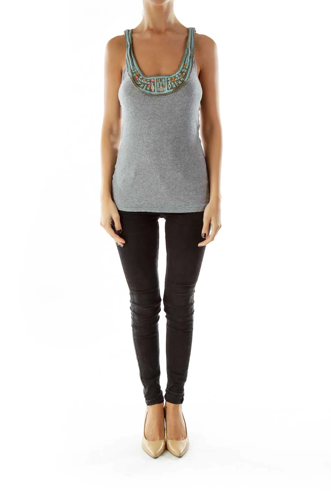 Gray Embellished Ribbed Tank Top