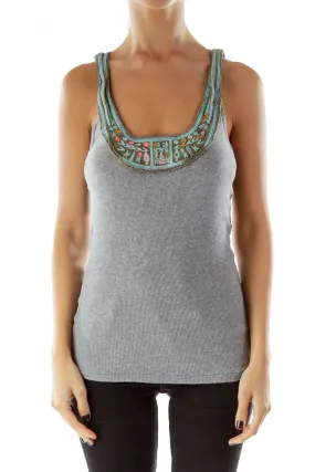 Gray Embellished Ribbed Tank Top