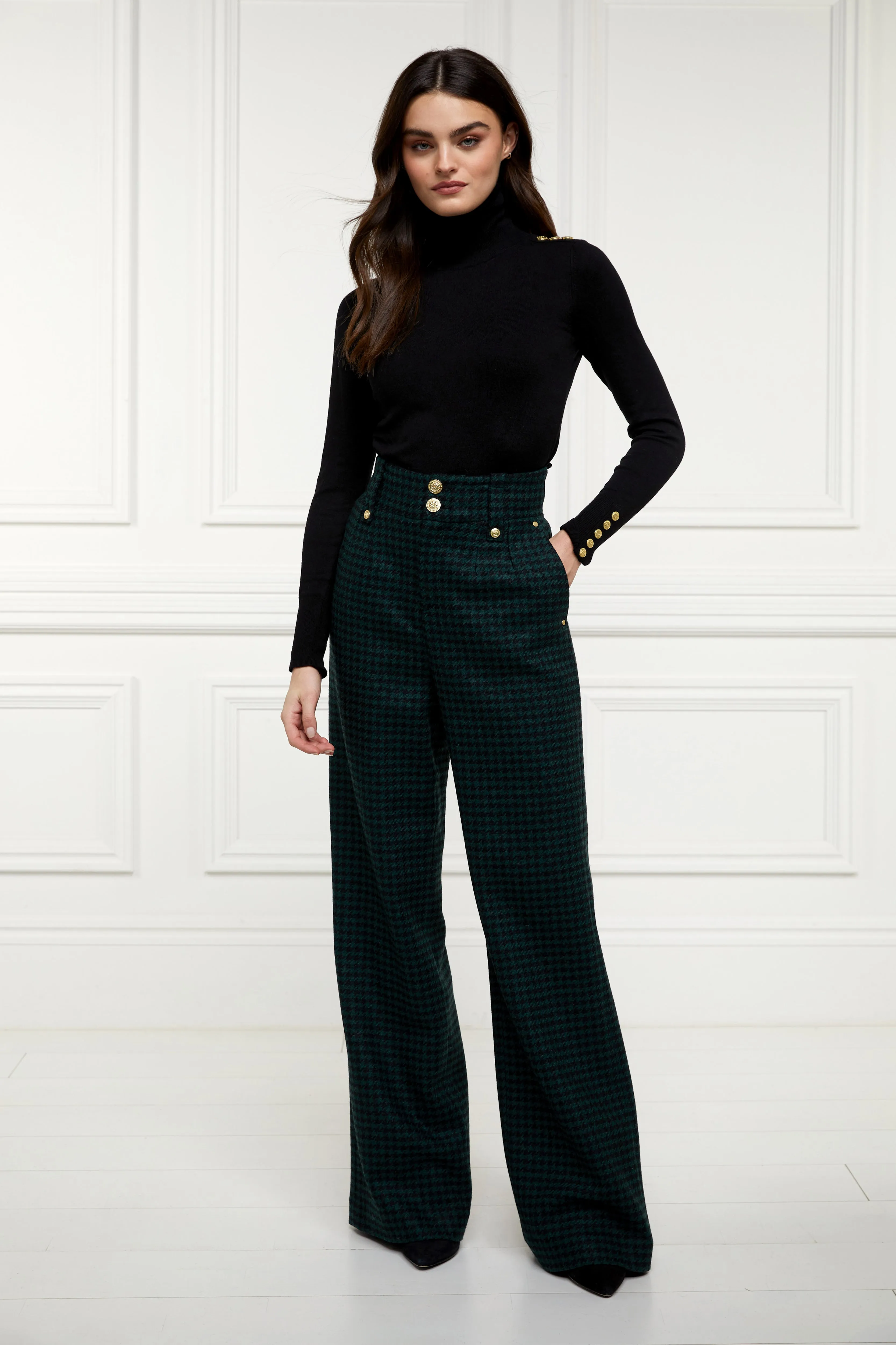 High Waisted Straight Trouser (Emerald Houndstooth)