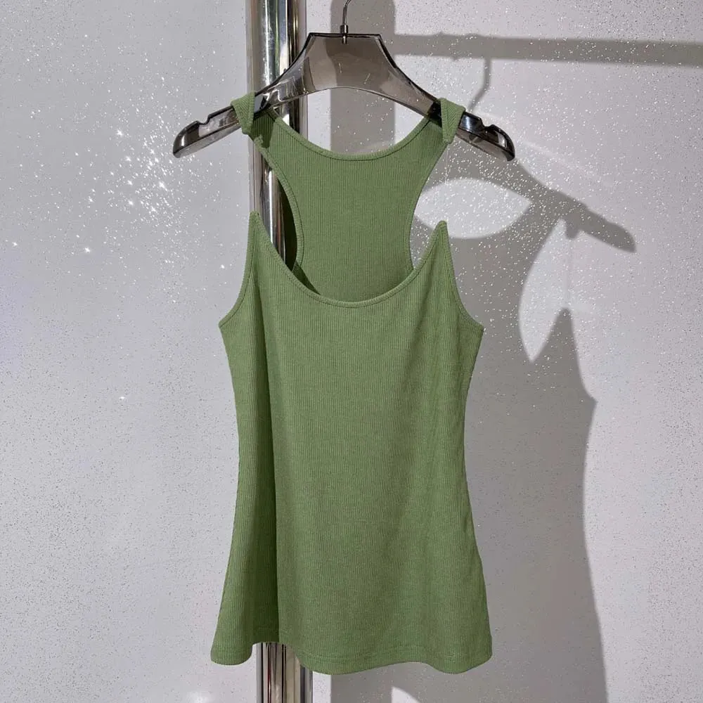 Invisible Fish Line Straps Round Neck Sleeveless Ribbed Knit Top