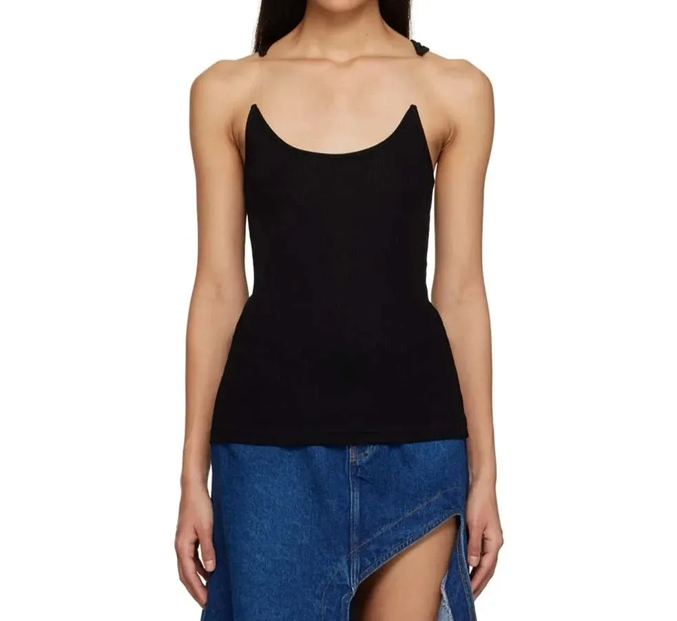 Invisible Fish Line Straps Round Neck Sleeveless Ribbed Knit Top