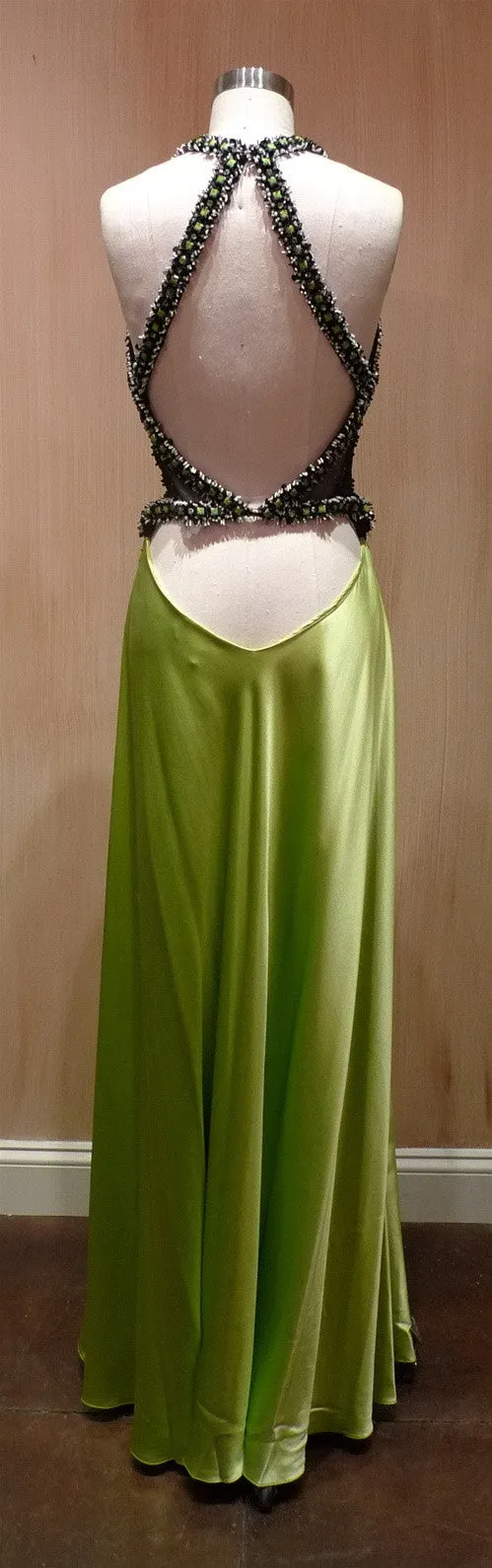 Jenny Packham Beaded Lime Satin Dress with Jeweled Neckline and Straps