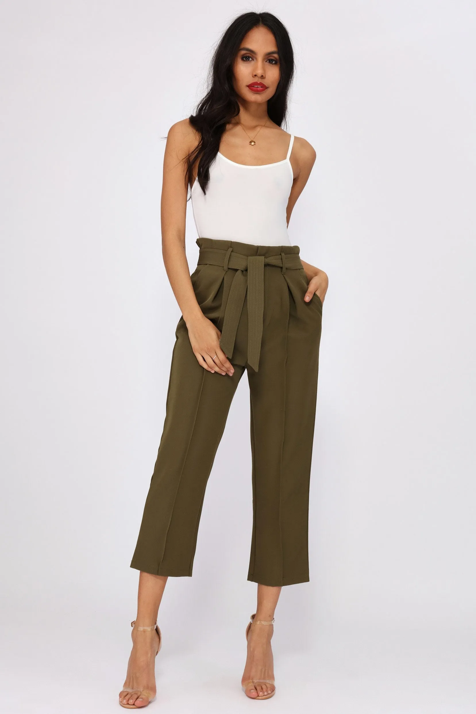 Khaki Tie Belt Crop Trousers