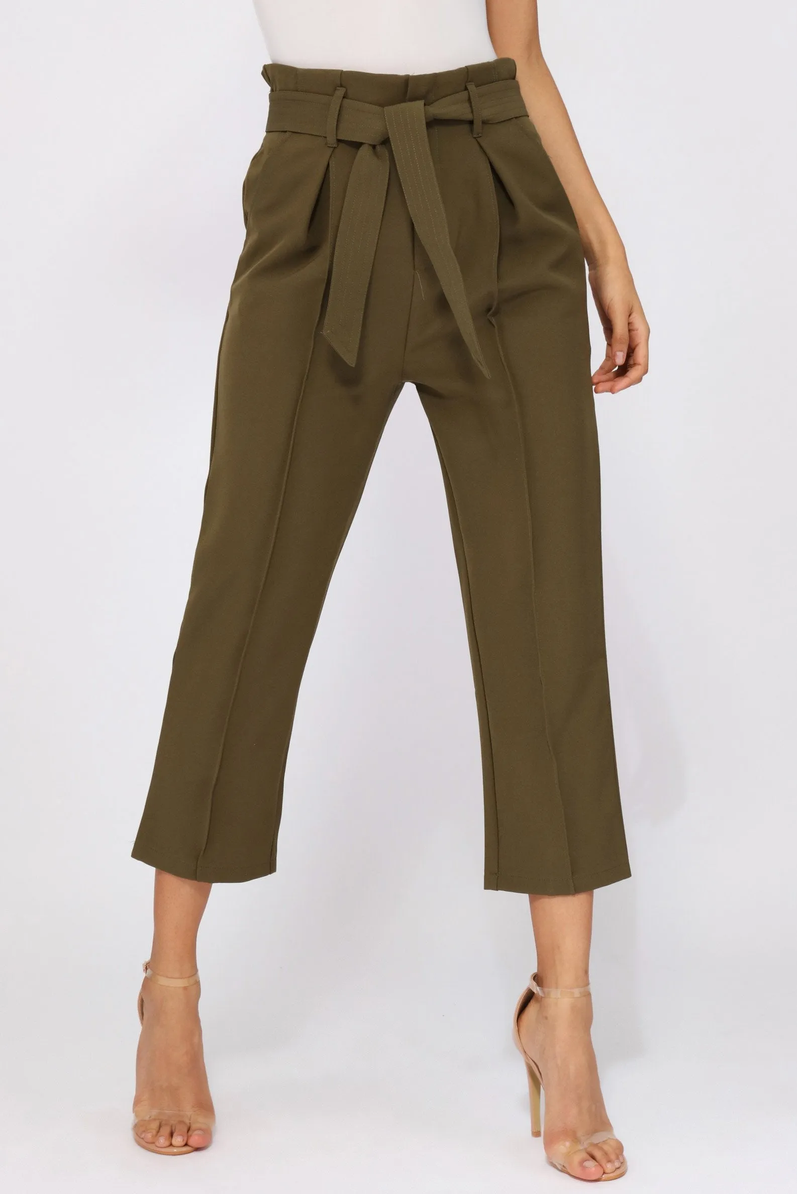 Khaki Tie Belt Crop Trousers