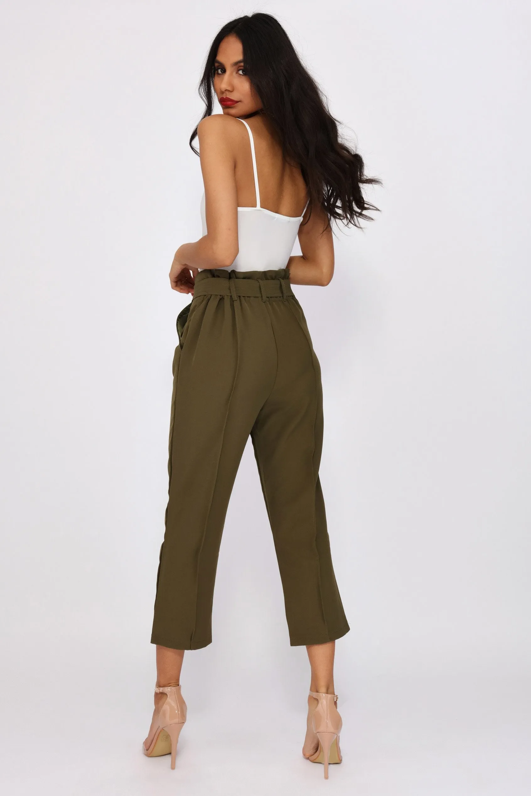 Khaki Tie Belt Crop Trousers