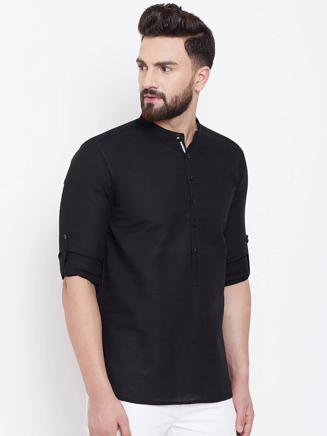 Men's Black Linen Shirt Kurta - Even Apparels