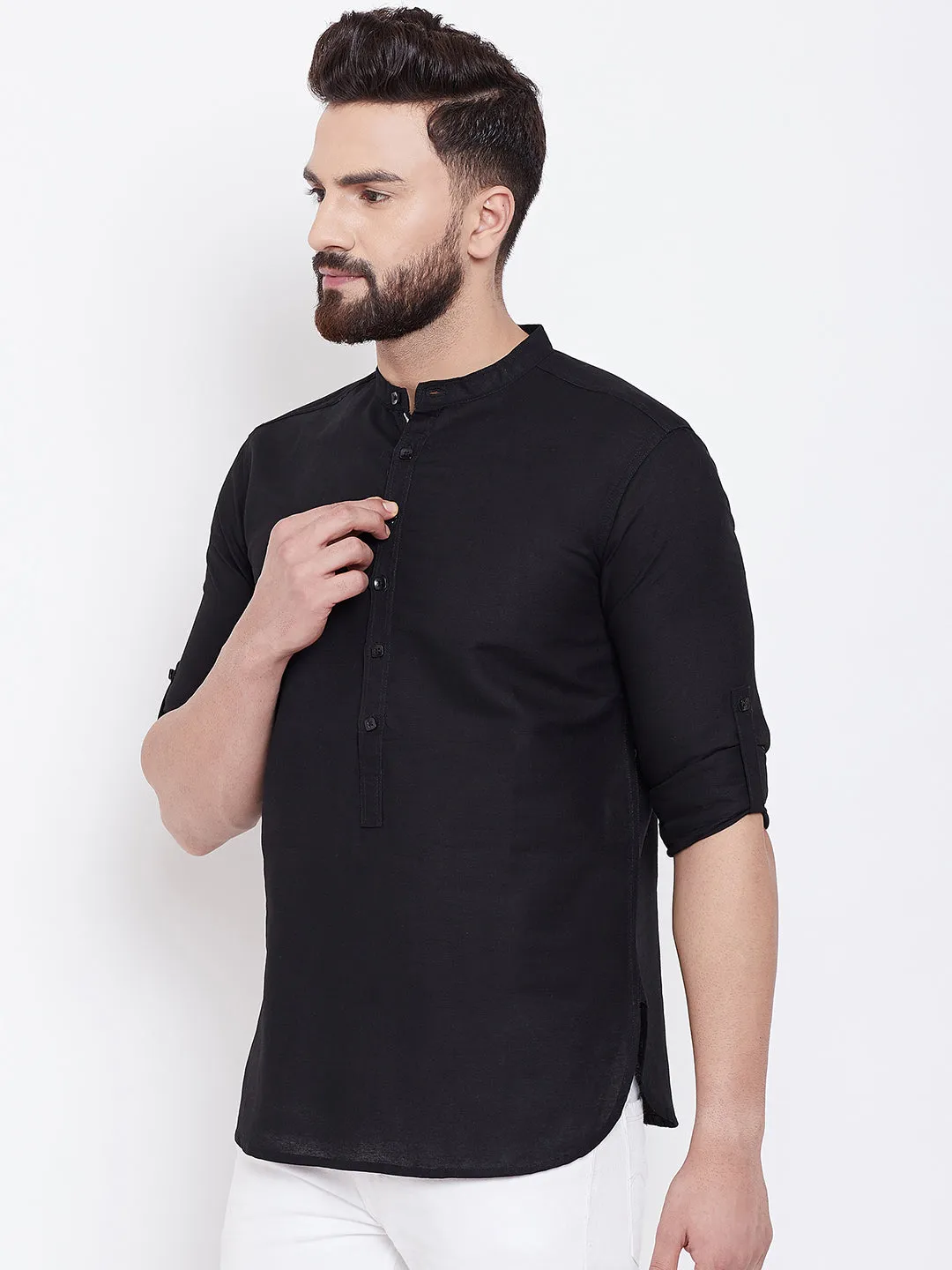 Men's Black Linen Shirt Kurta - Even Apparels