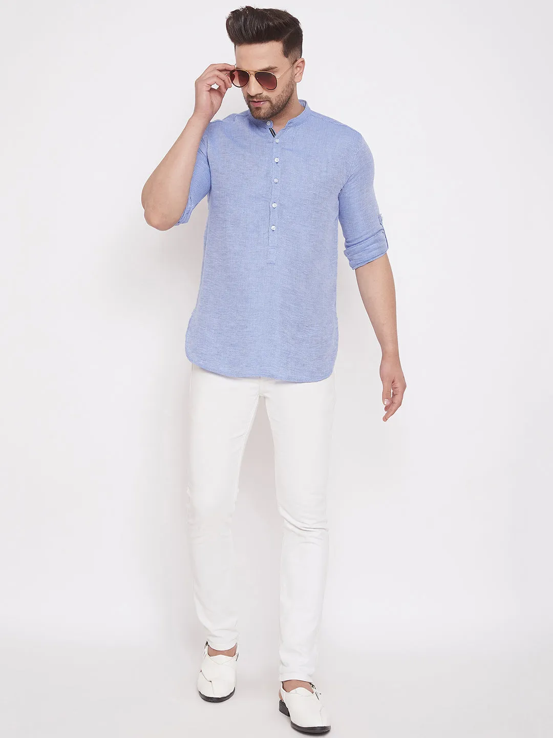 Men's Lilac Blue Pure Cotton Shirt Kurta - Even Apparels