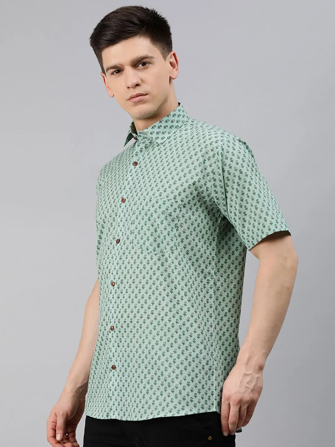 Men's Sea Green Cotton Short Sleeves Shirts For Men - Taantav