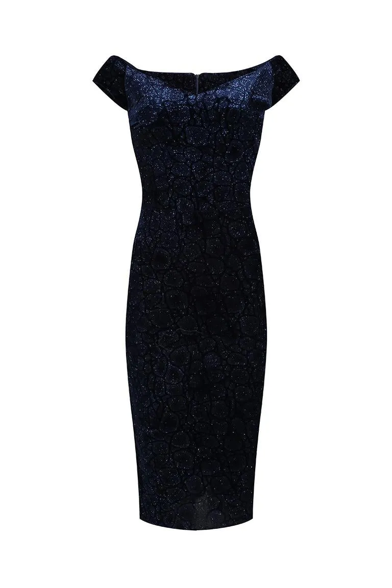 Navy Blue Vintage Animal Print Velvet Capped Sleeve Wiggle Dress