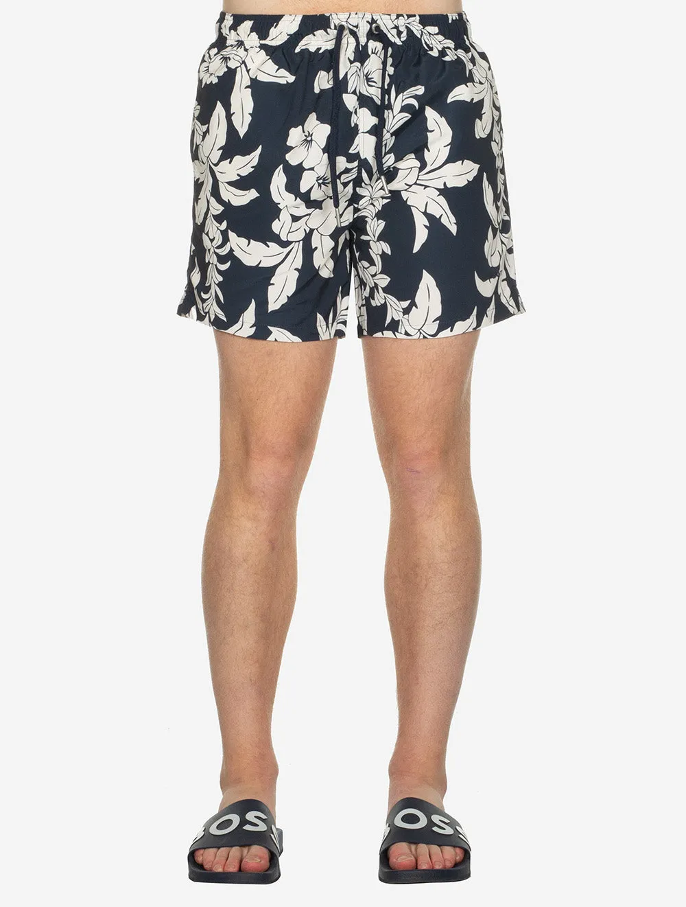 Palm Leaf Print Swim Shorts Evening Blue