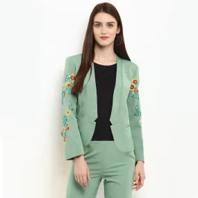 Pannkh Women's Pastel Green Embroidered Blazer