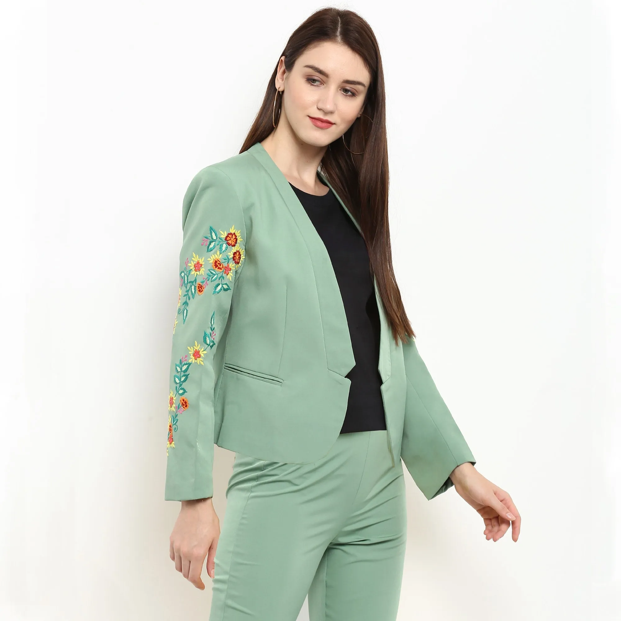 Pannkh Women's Pastel Green Embroidered Blazer