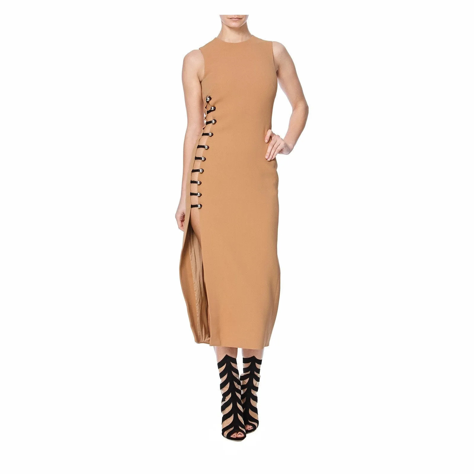 PENCIL DRESS WITH ONE SIDE LOOPS AND METAL BALLS