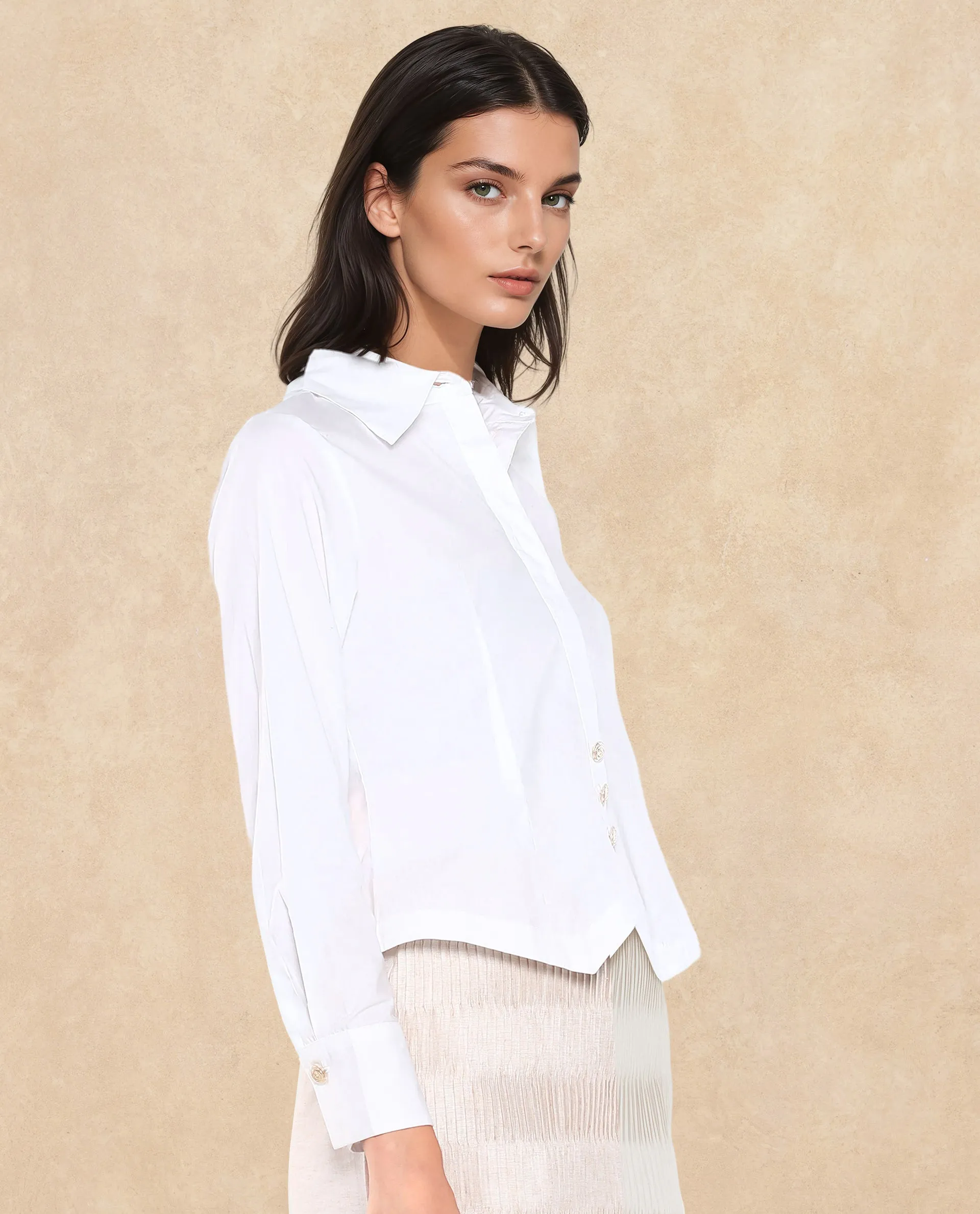 Rareism Women Hikpo White Cuffed Sleeves Collared Collar Button Closure Plain Shirt