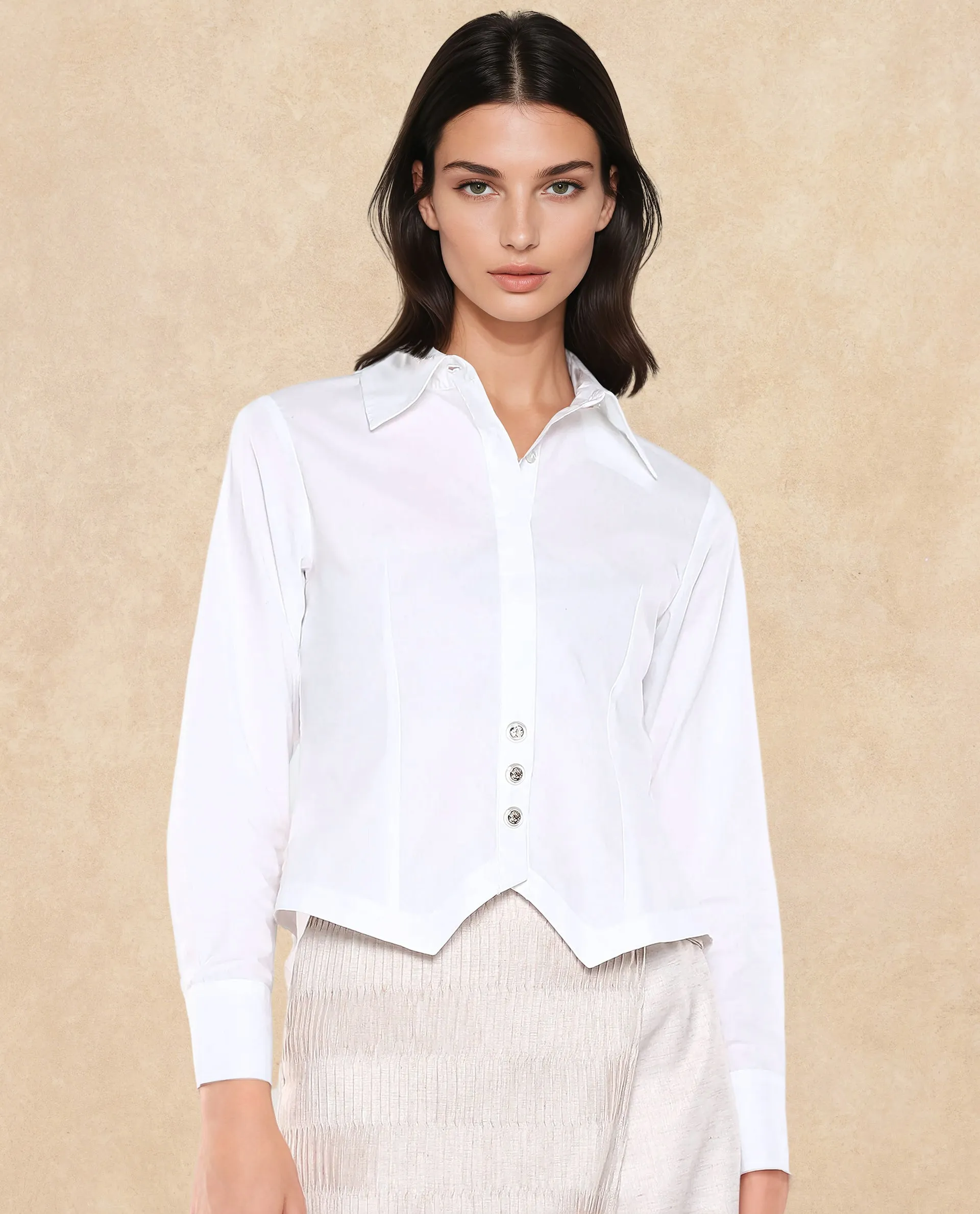 Rareism Women Hikpo White Cuffed Sleeves Collared Collar Button Closure Plain Shirt