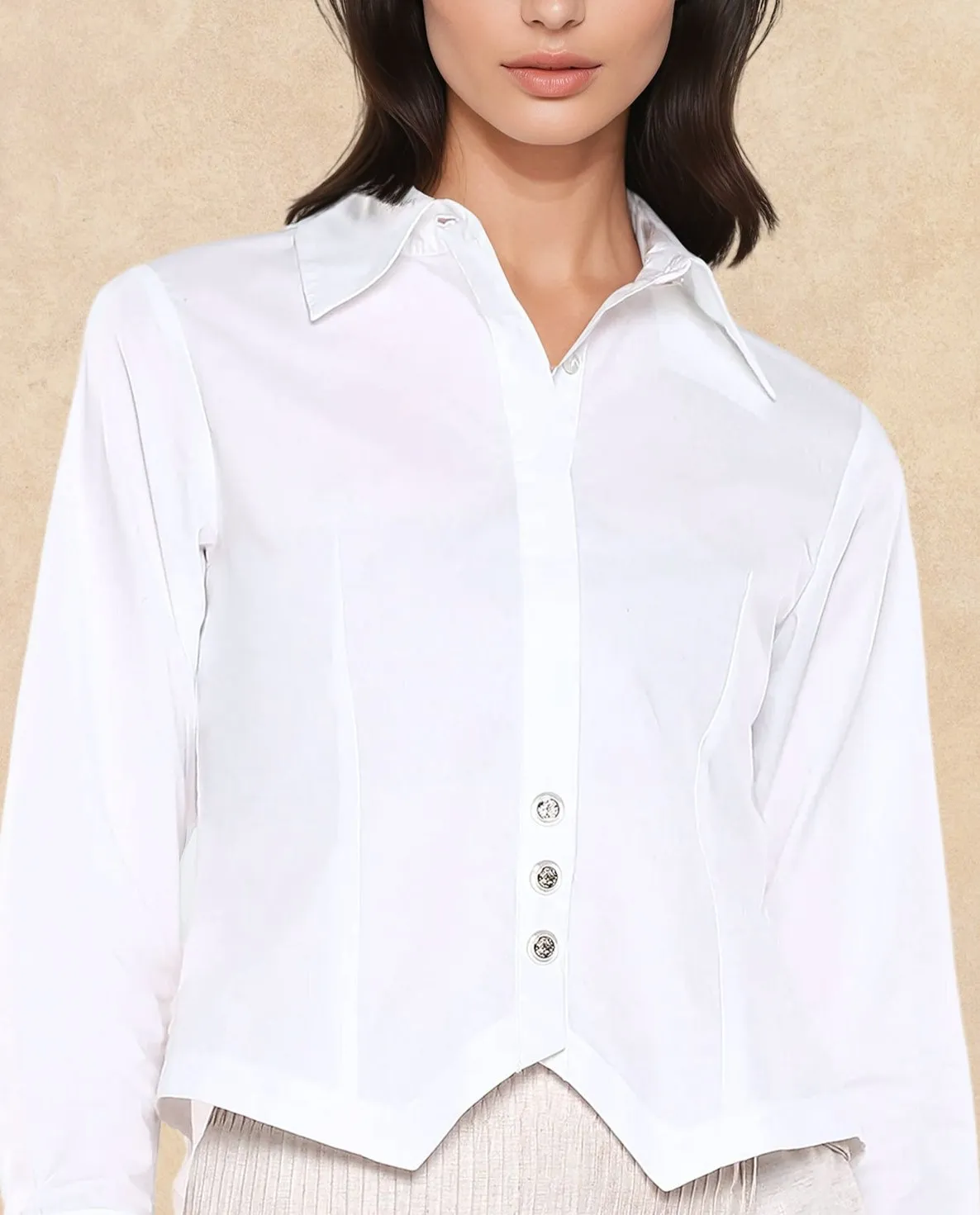 Rareism Women Hikpo White Cuffed Sleeves Collared Collar Button Closure Plain Shirt