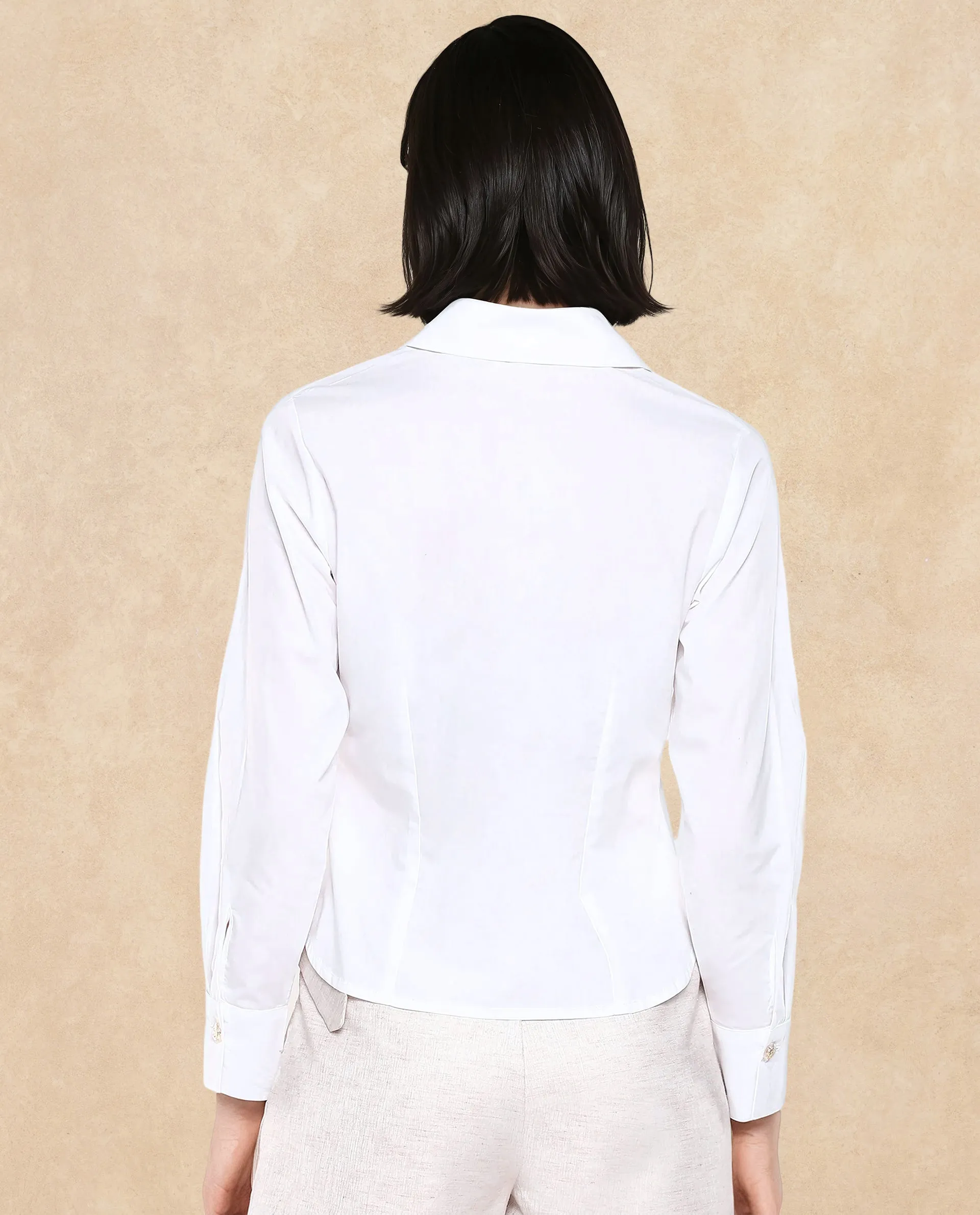 Rareism Women Hikpo White Cuffed Sleeves Collared Collar Button Closure Plain Shirt