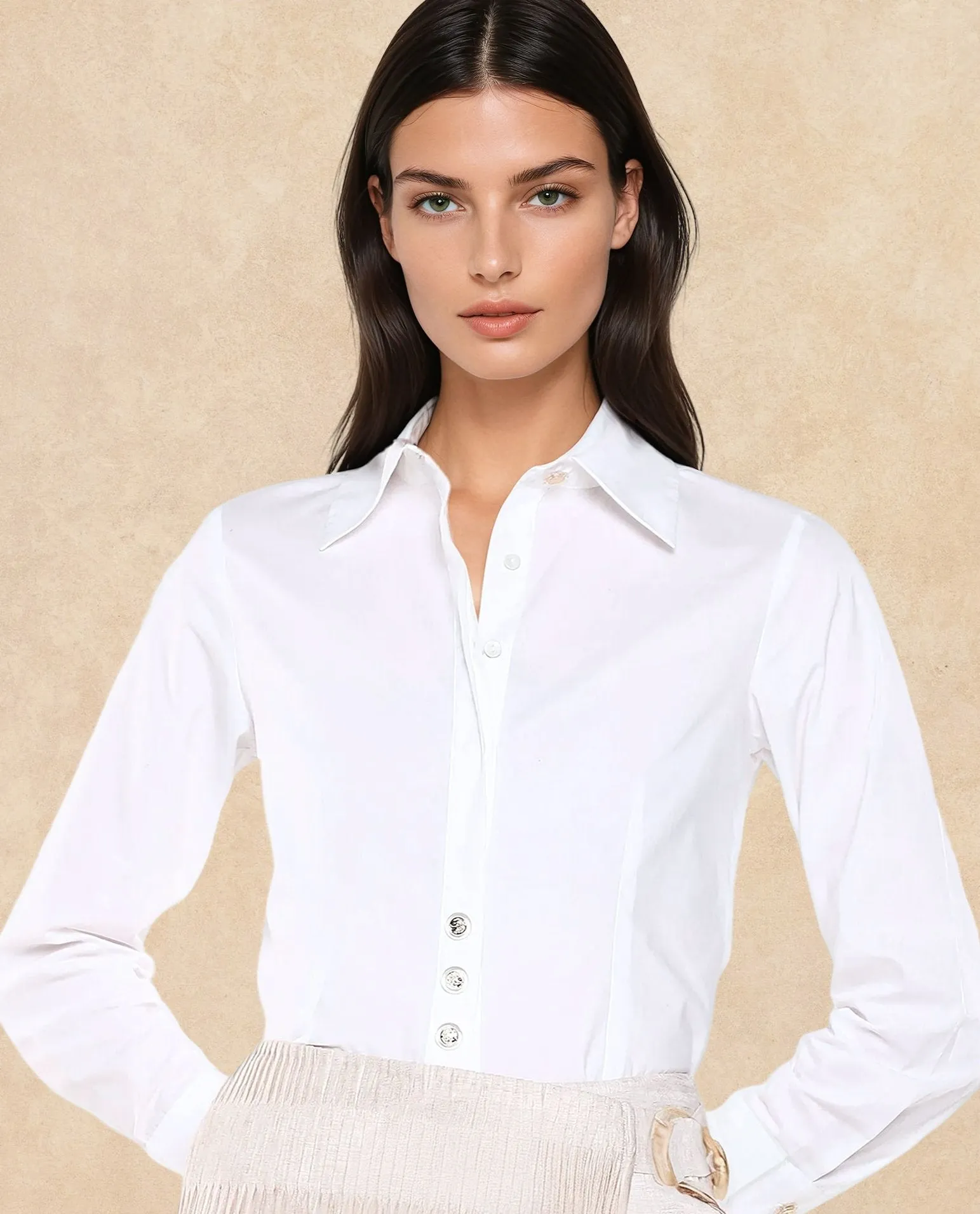 Rareism Women Hikpo White Cuffed Sleeves Collared Collar Button Closure Plain Shirt