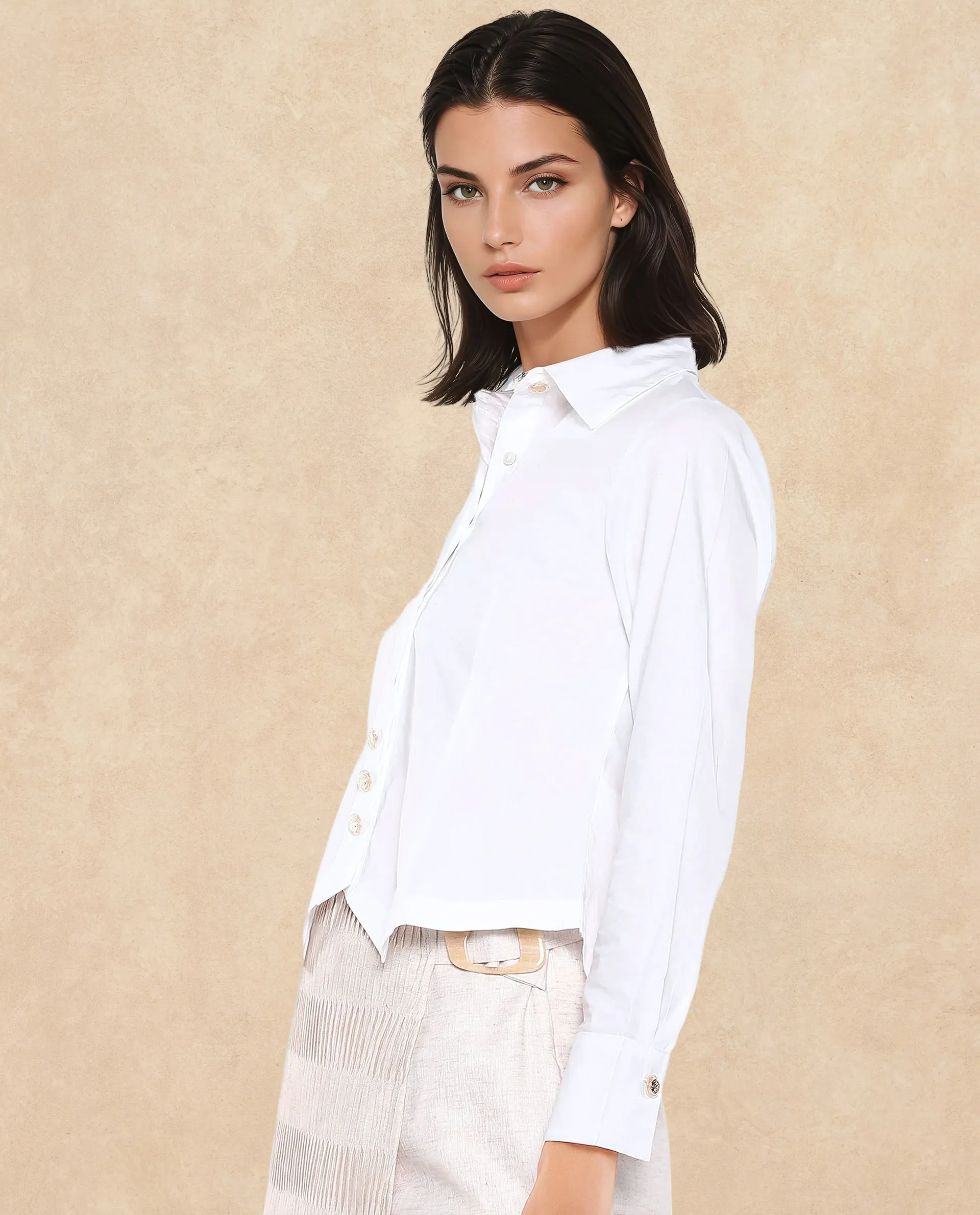 Rareism Women Hikpo White Cuffed Sleeves Collared Collar Button Closure Plain Shirt