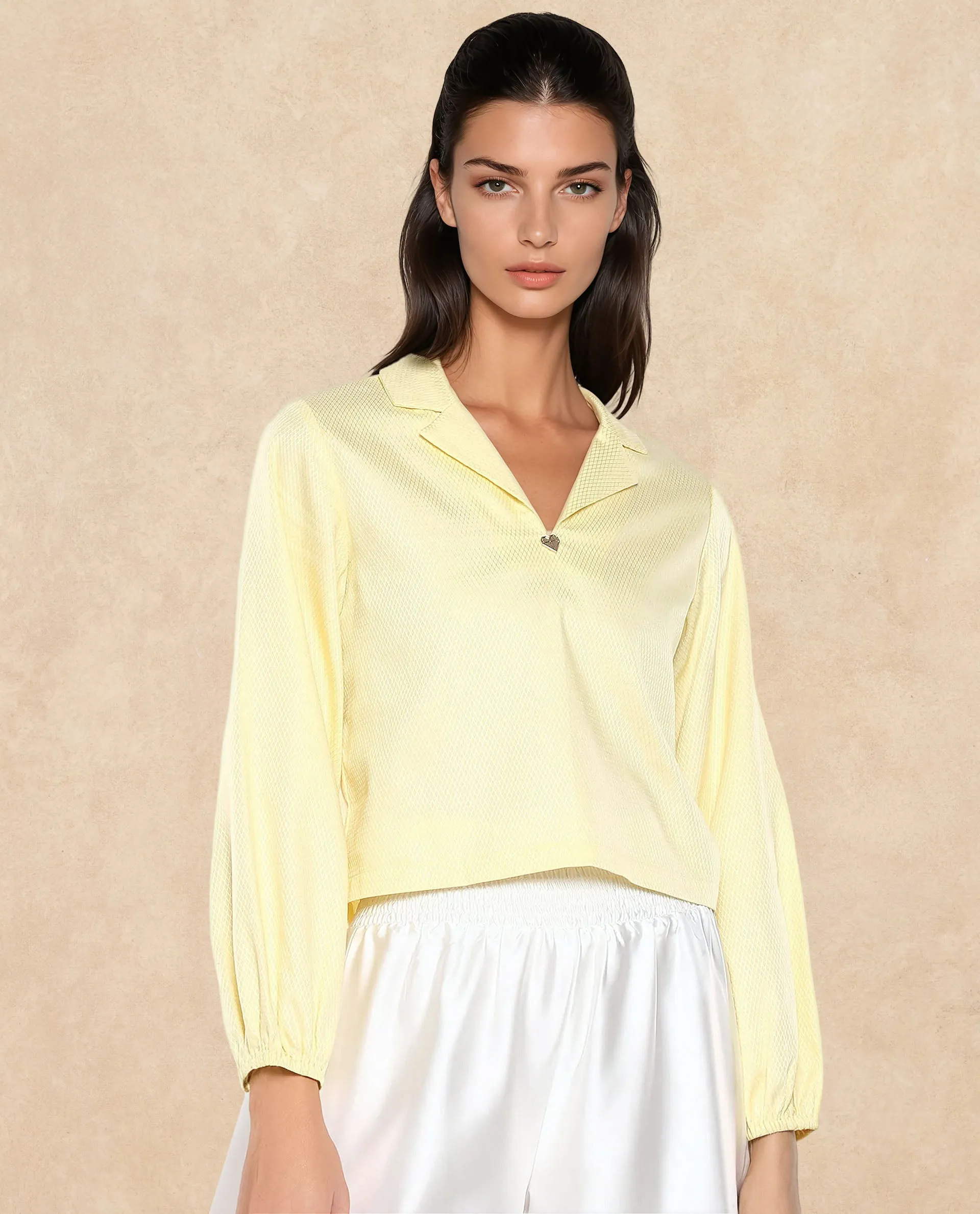 Rareism Women Istanbul Light Yellow Bishop Sleeve Lapel Collar Cropped Plain Top