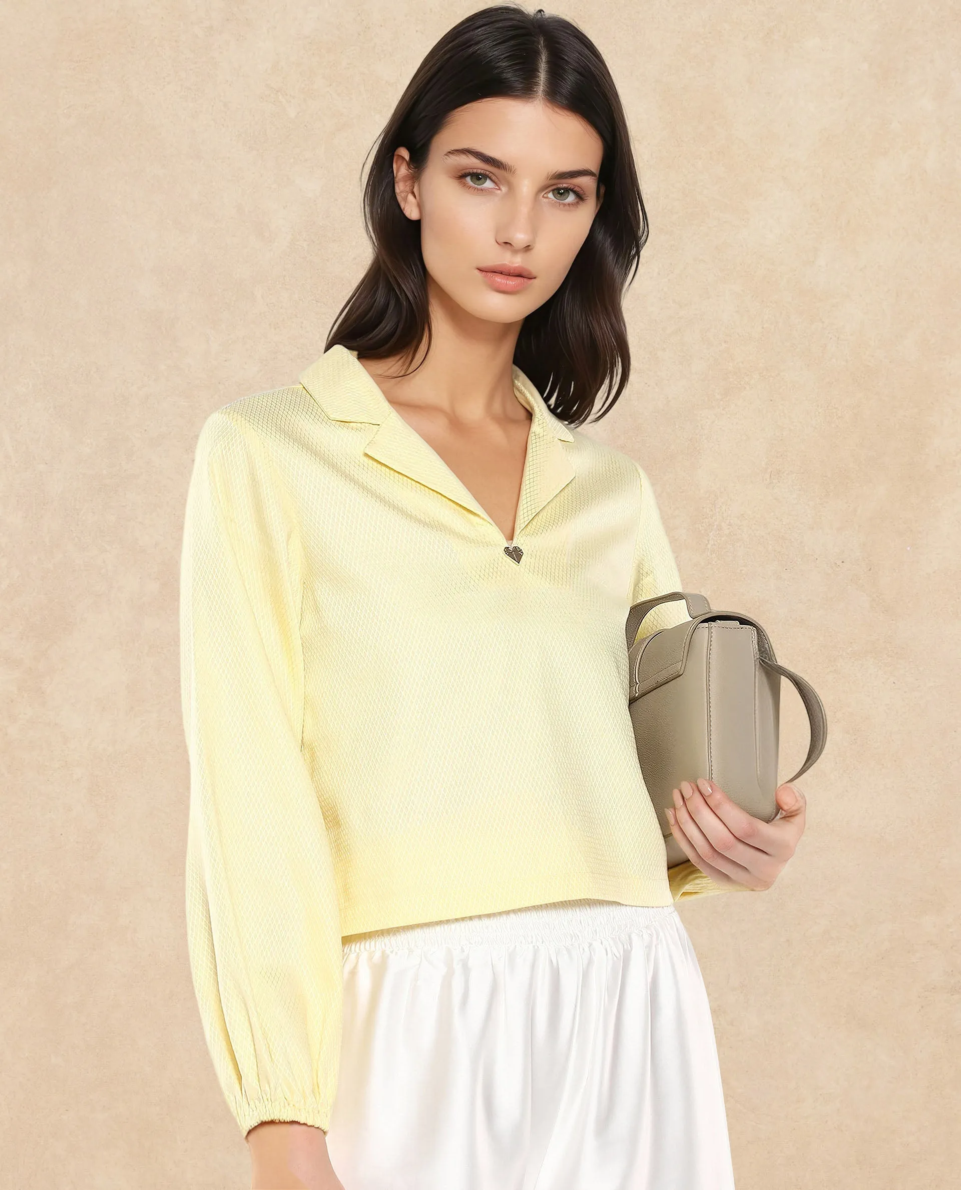 Rareism Women Istanbul Light Yellow Bishop Sleeve Lapel Collar Cropped Plain Top