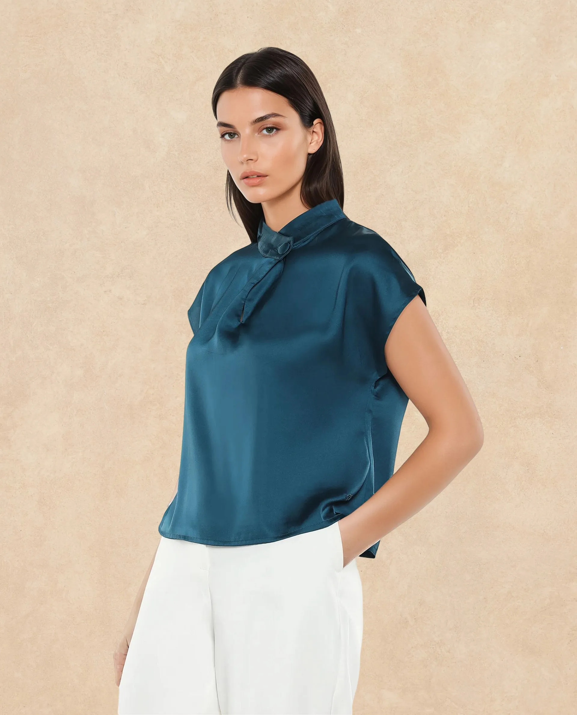 Rareism Women Plama Petrol Extended Sleeves Mandarin Collar Button Closure Plain Top